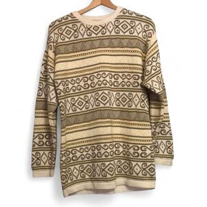 Women's L Eclectic Grandpa Cream Yellow Tan Striped Design Long Sleeve Sweater